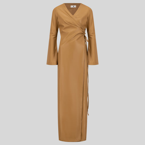 High Quality Maxi Leather Wrap Dress - Camel