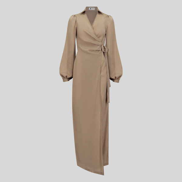 Luxury Velvet Satin Maxi Wrap Dress - Camel