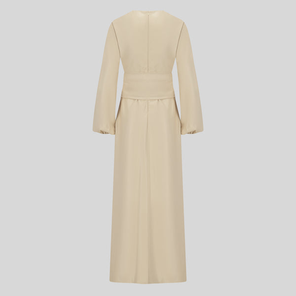 High Quality Maxi Belted Leather Dress - Beige
