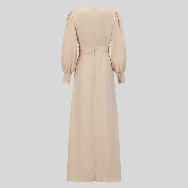 Chamomel Dresses Classic Elegant Satin Waisted Maxi Dress - Beige