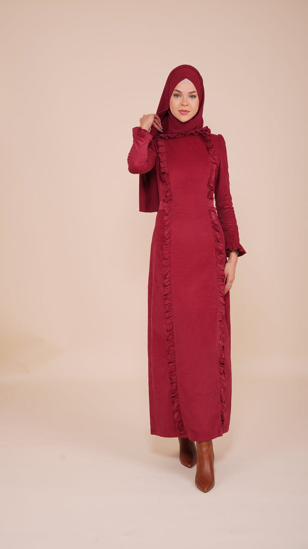 Chamomel Dresses XS / red 100% Corduroy Cotton Belted Ruffles Dress