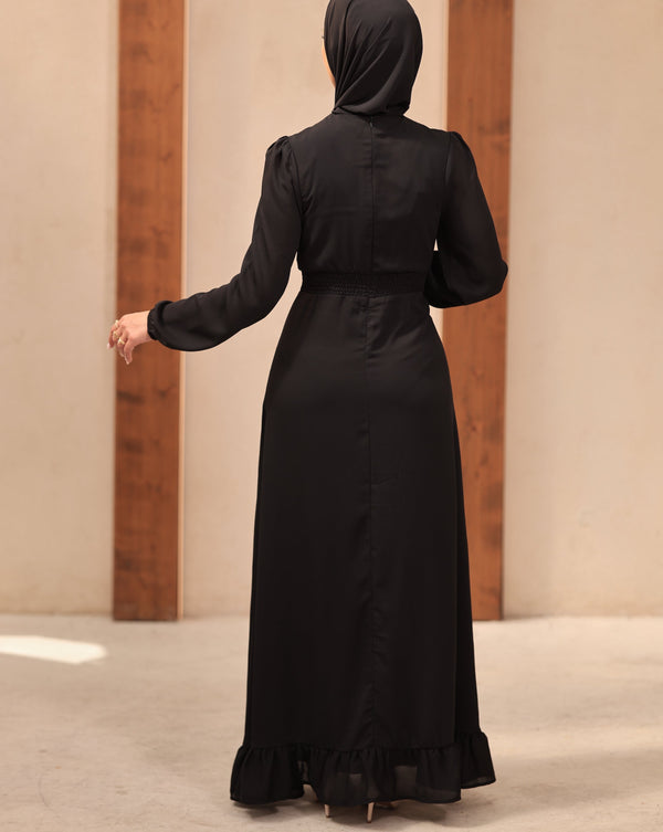 Smocked Waist Bishop Sleeves Chiffon Maxi Dress - Black