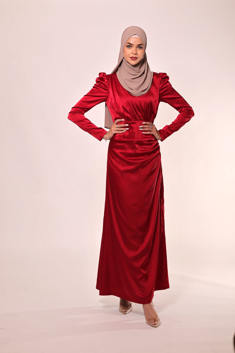 Luxury Satin Maxi Dress With Ruching Details -wine Red