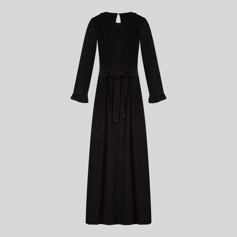 Chamomel Dresses 100% Corduroy Cotton Belted Ruffles Dress - Black