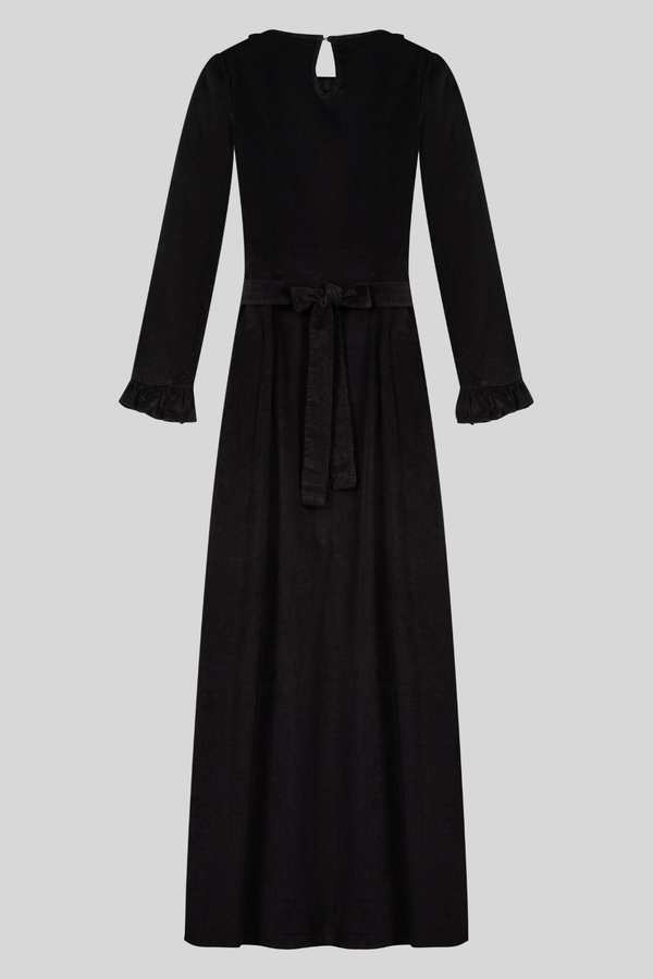 Chamomel Dresses 100% Corduroy Cotton Belted Ruffles Dress - Black