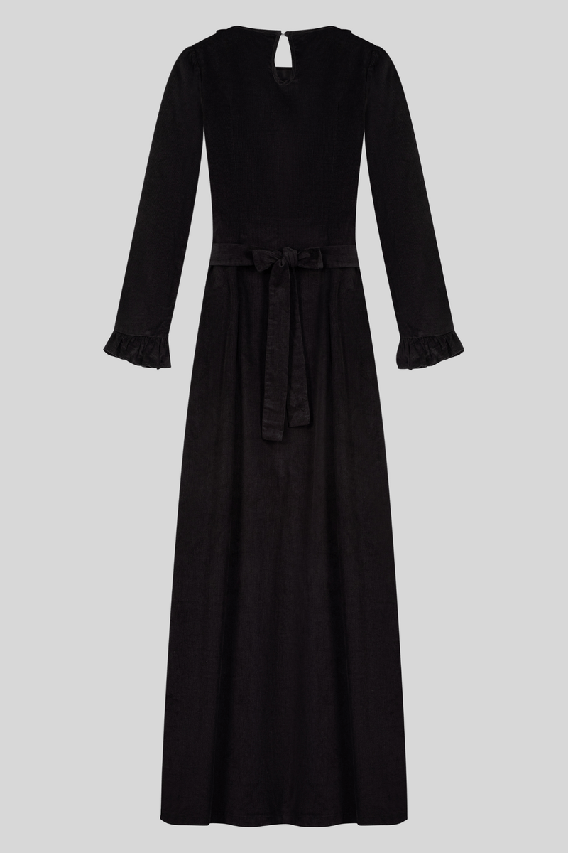 Chamomel Dresses 100% Corduroy Cotton Belted Ruffles Dress - Black