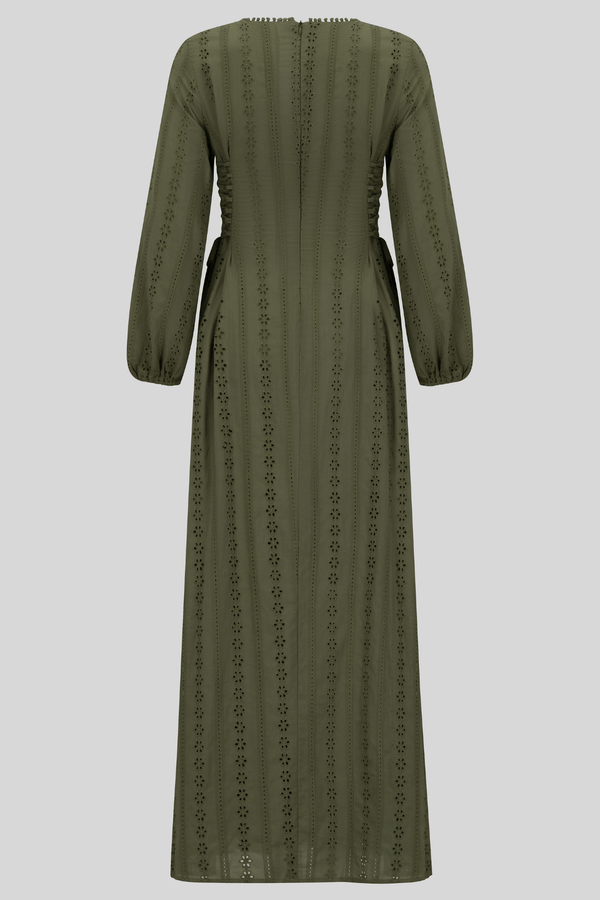 Chamomel Dresses 100% cotton lace embroidery dress - Olive Green