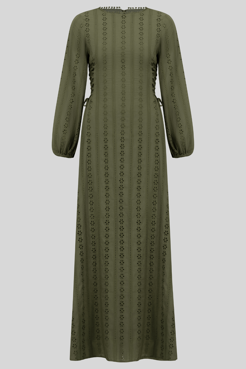 Chamomel Dresses 100% cotton lace embroidery dress - Olive Green