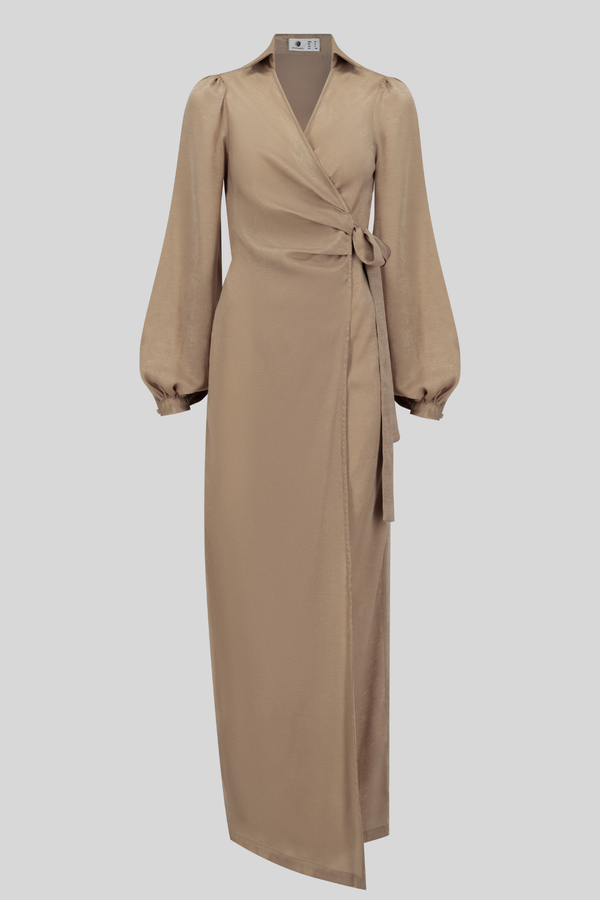 Luxury Velvet Satin Maxi Wrap Dress - Camel