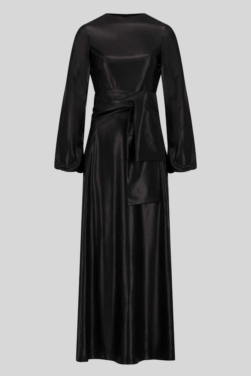 High Quality Maxi Belted Leather Dress - Black