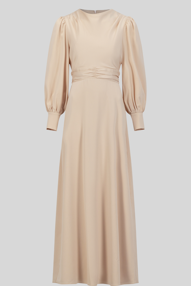 Classic Elegant Satin Waisted Maxi Dress - Beige