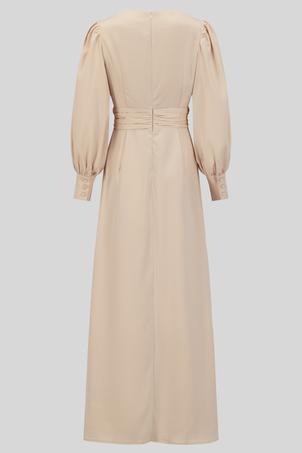 Classic Elegant Satin Waisted Maxi Dress - Beige