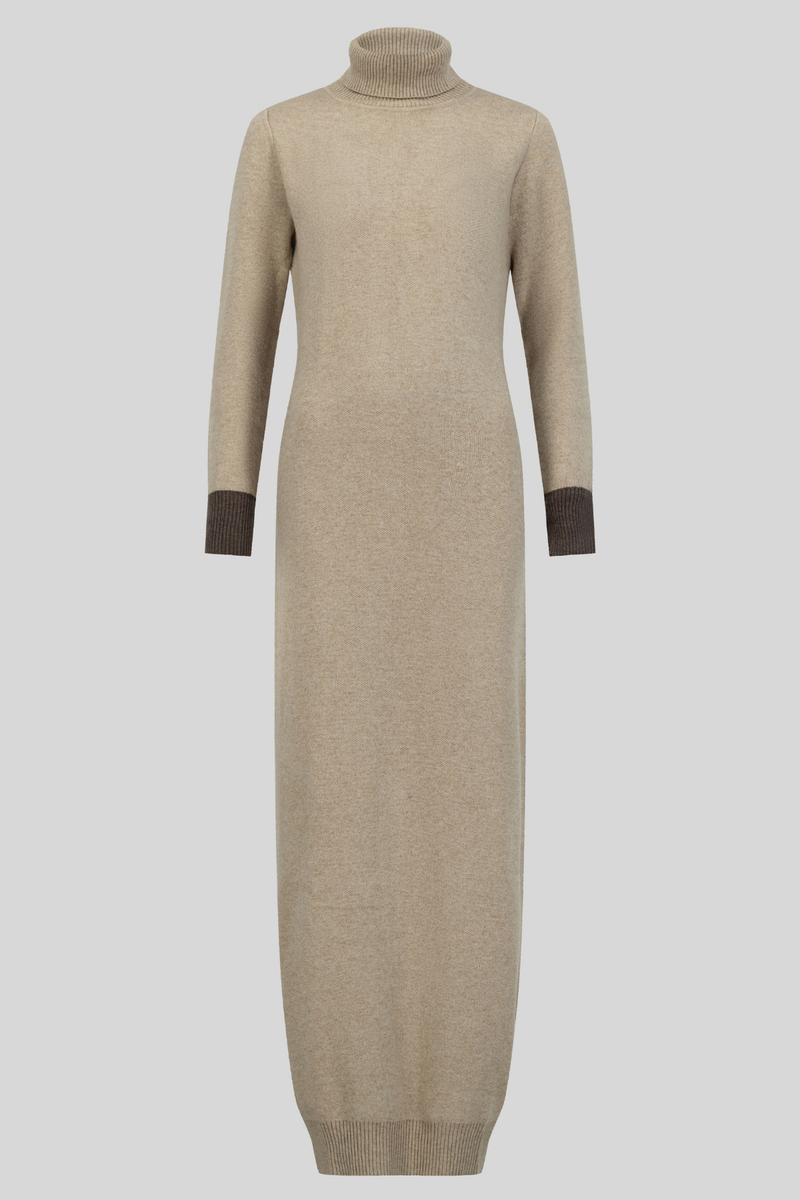 Luxury Woolen Pencil Silhouette Dress- Dark Beige