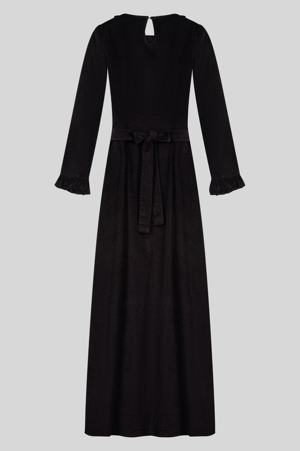 100% Corduroy Cotton Belted Ruffles Dress - Black