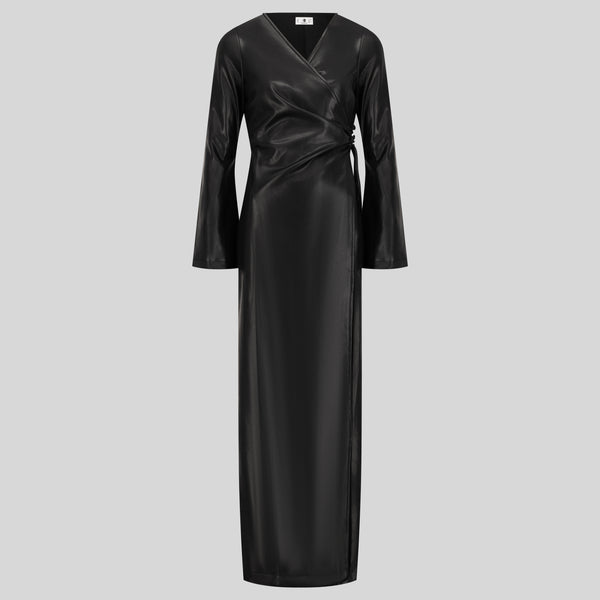 High Quality Maxi Leather Wrap Dress - Black