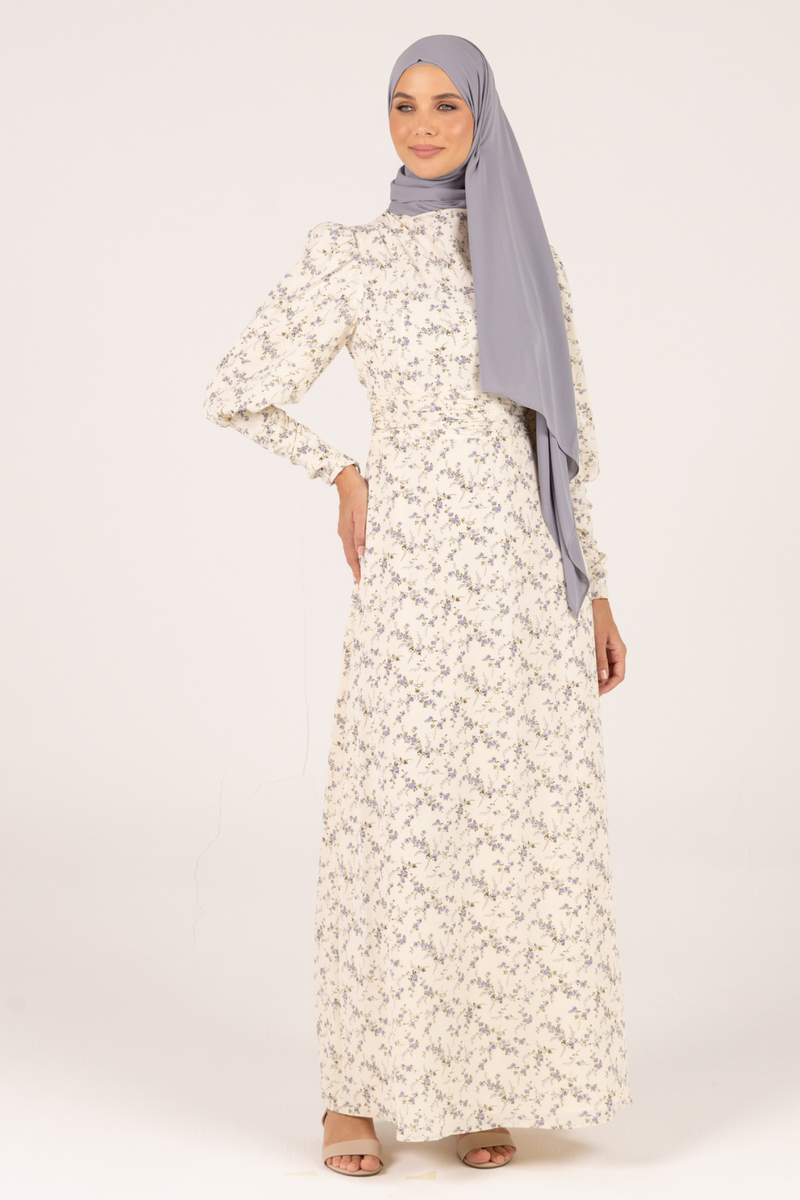 Classic Queen Sleeves Floral Lavender Maxi Dress - Beige