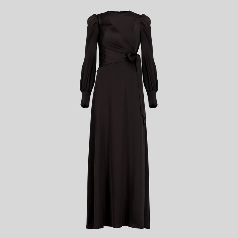 Classic Elegant Satin Wrap Maxi Dress - Black