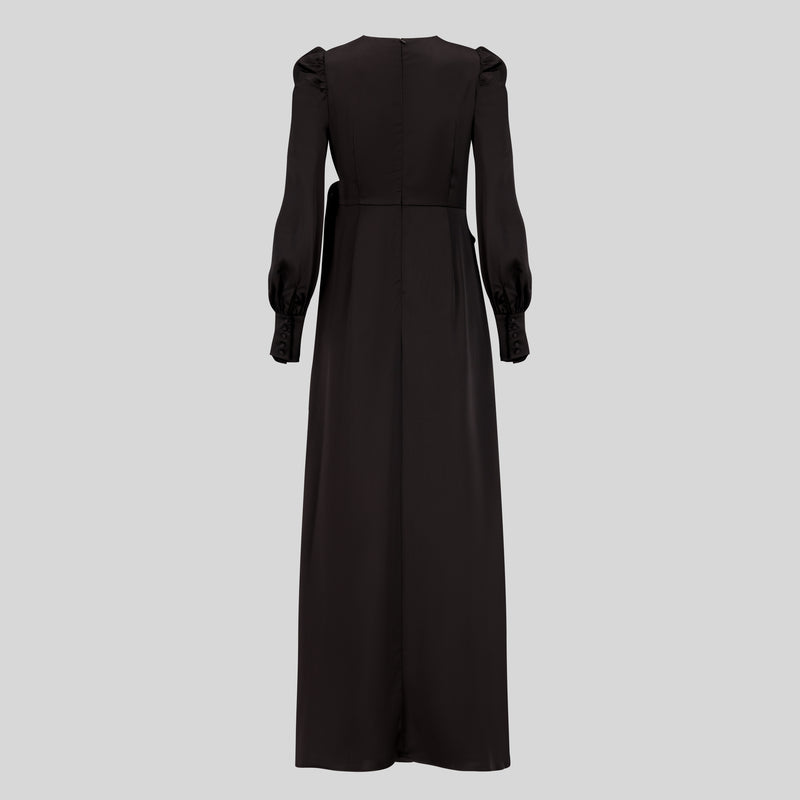 Classic Elegant Satin Wrap Maxi Dress - Black