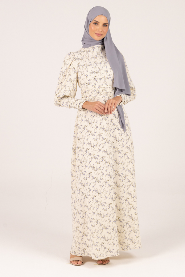Classic Queen Sleeves Floral Lavender Maxi Dress - Beige