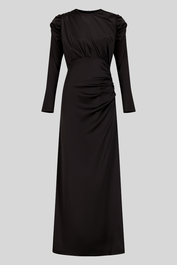 Luxury Satin Maxi Dress With Ruching Details - Black
