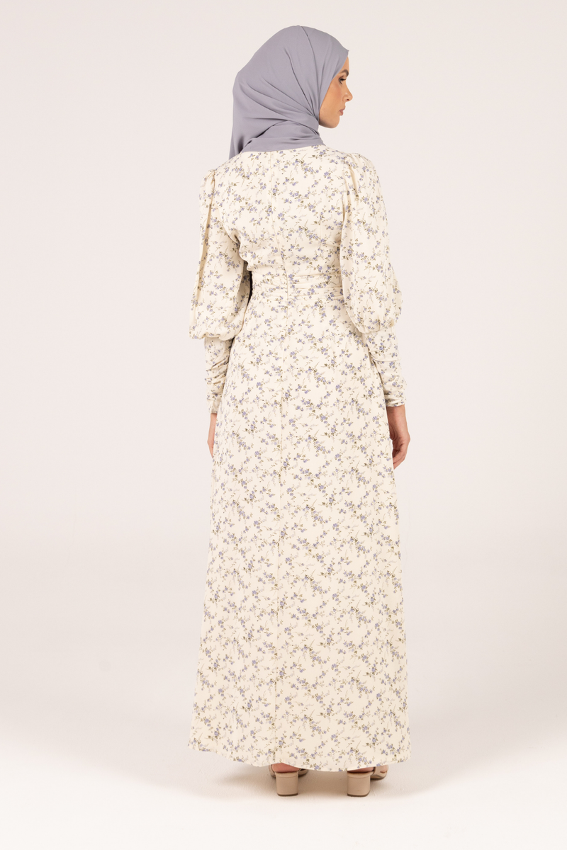 Classic Queen Sleeves Floral Lavender Maxi Dress - Beige