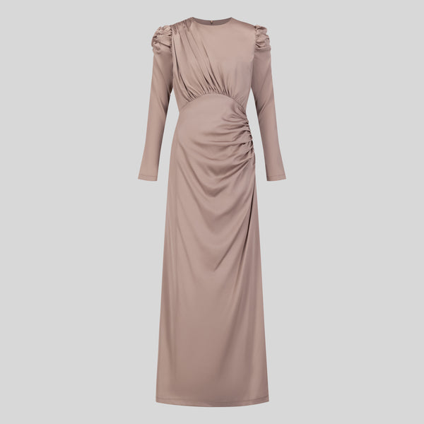 Luxury Satin Maxi Dress With Ruching Details - Nude
