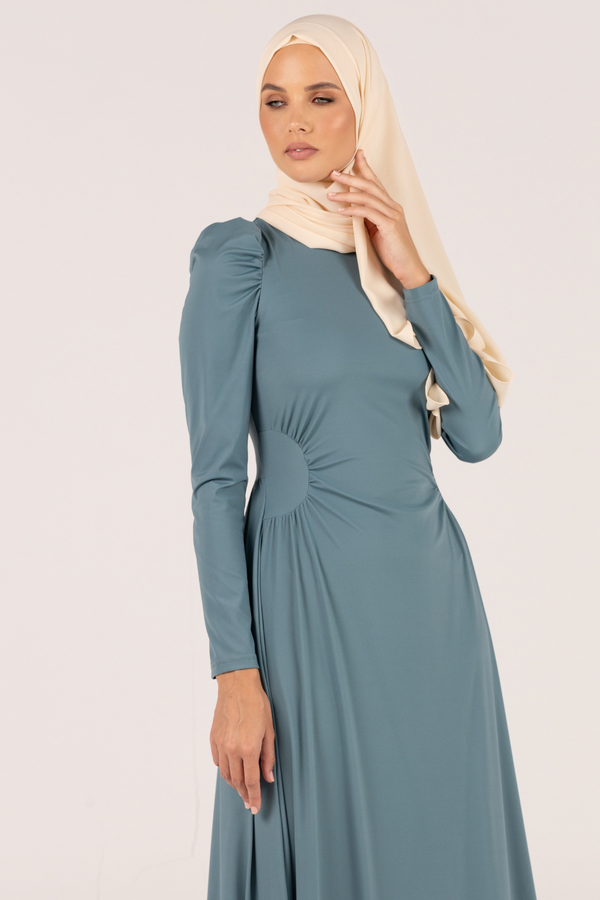 Modest A-Line Waisted Stretchy Dress - Blue
