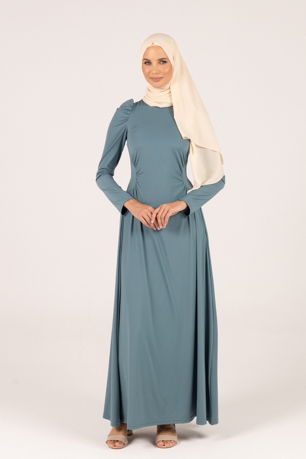 Modest A-Line Waisted Stretchy Dress - Blue