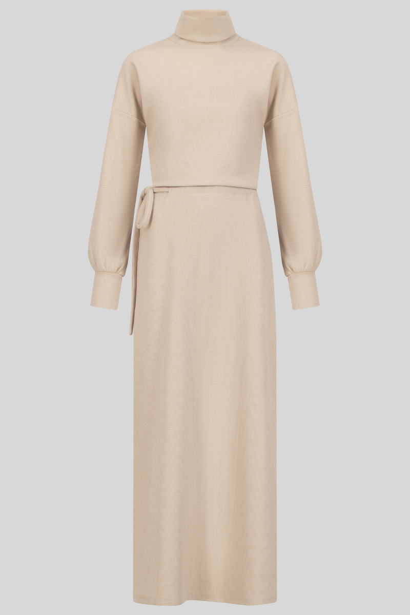 Basic Thick Winter Material Waisted Dress  - Beige