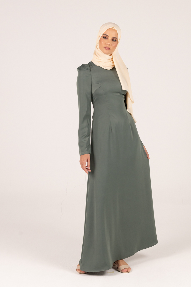 Luxury Satin Maxi Dress With Tie Back- Green