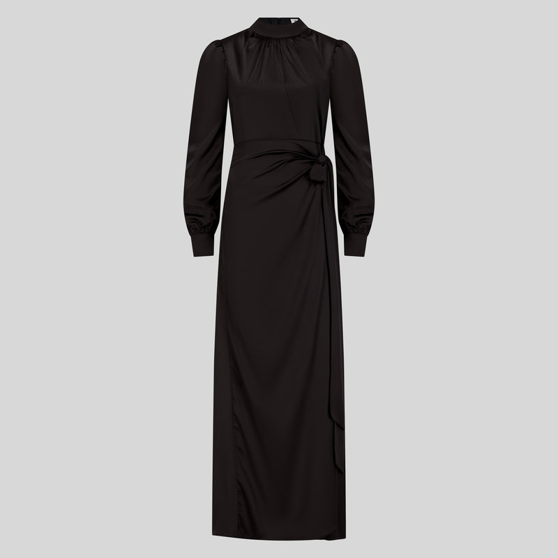 Classic Wrap Light Satin Maxi Dress - Black