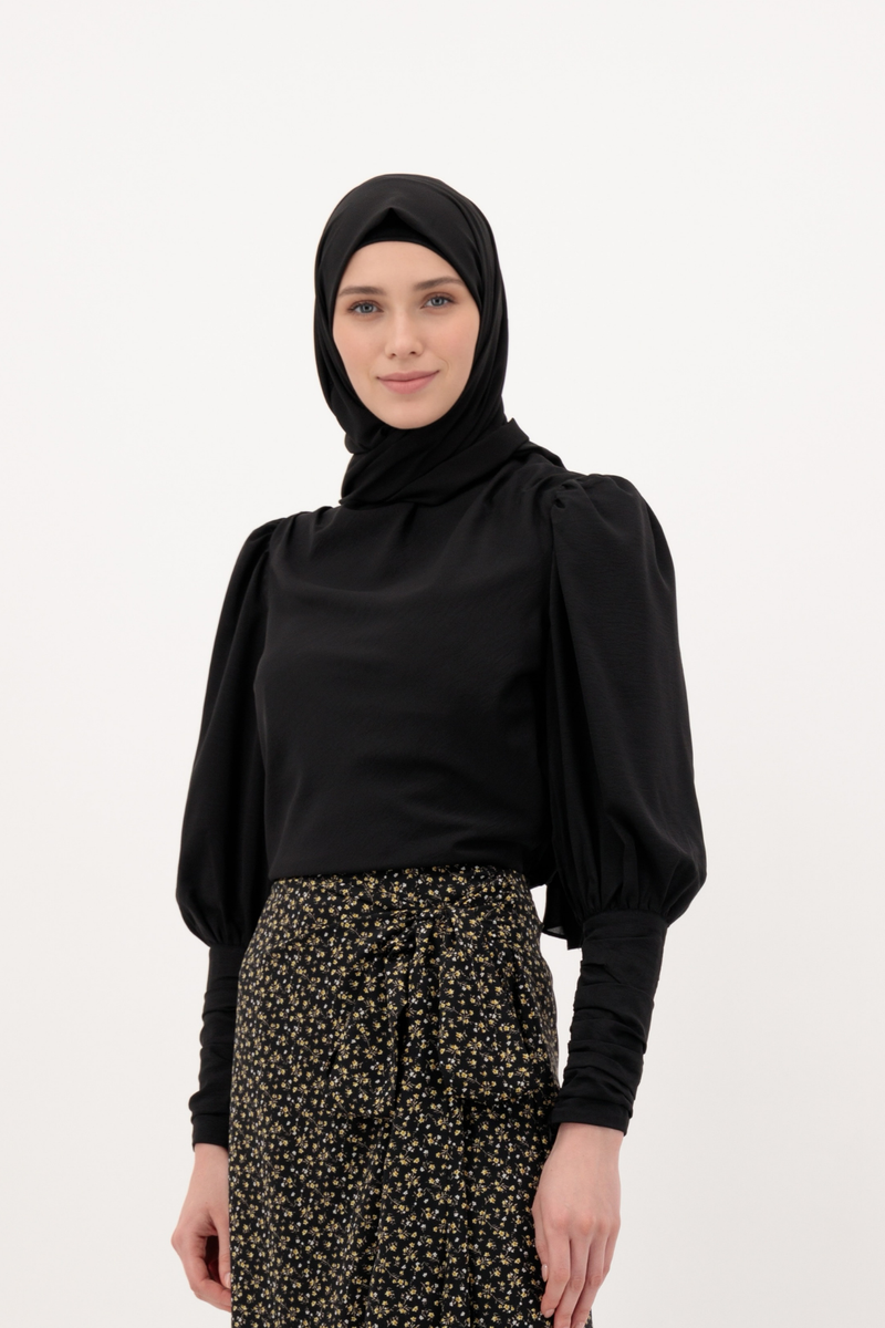 Summer Long Sleeves Crepe Top - Black