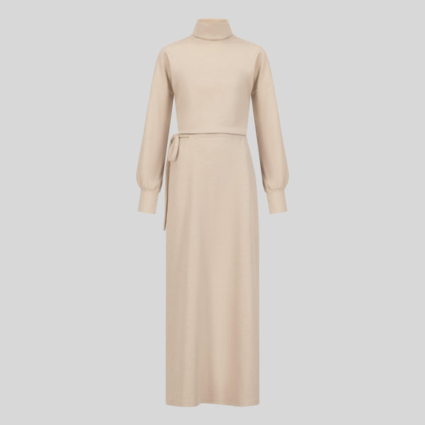 Basic Thick Winter Material Waisted Dress  - Beige