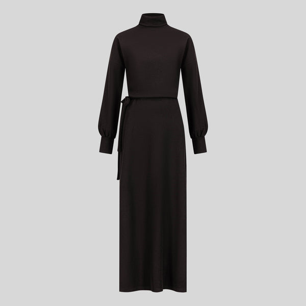 Basic Thick Winter Material Waisted Dress  - Black