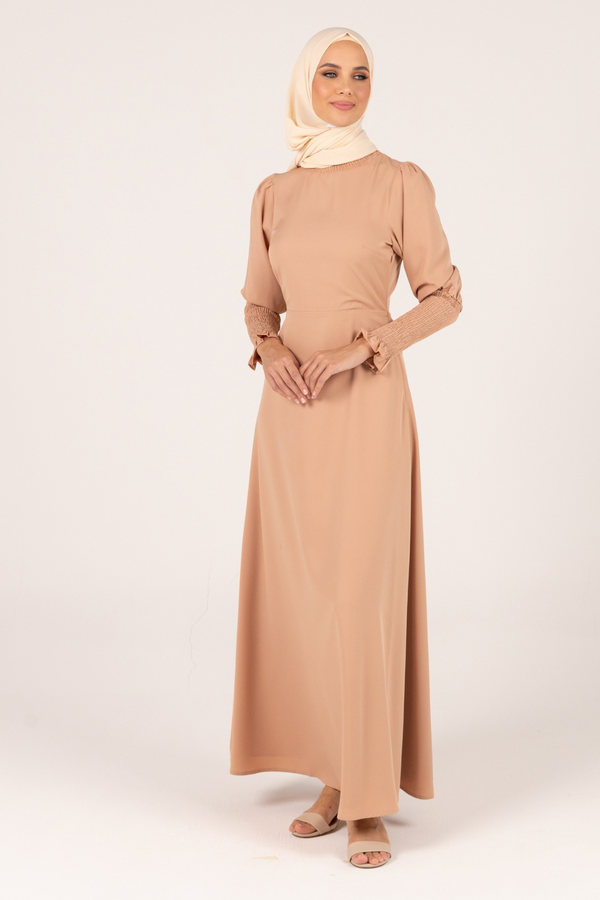 Classic Smocked Sleeves Floral Maxi Crepe Dress - Peach