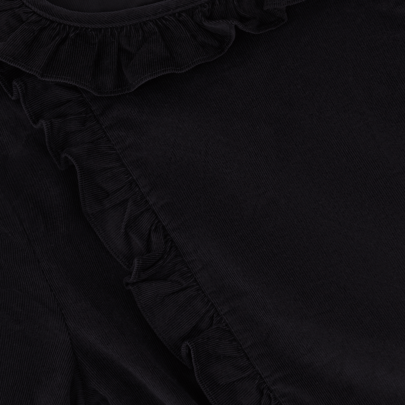 100% Corduroy Cotton Belted Ruffles Dress - Black