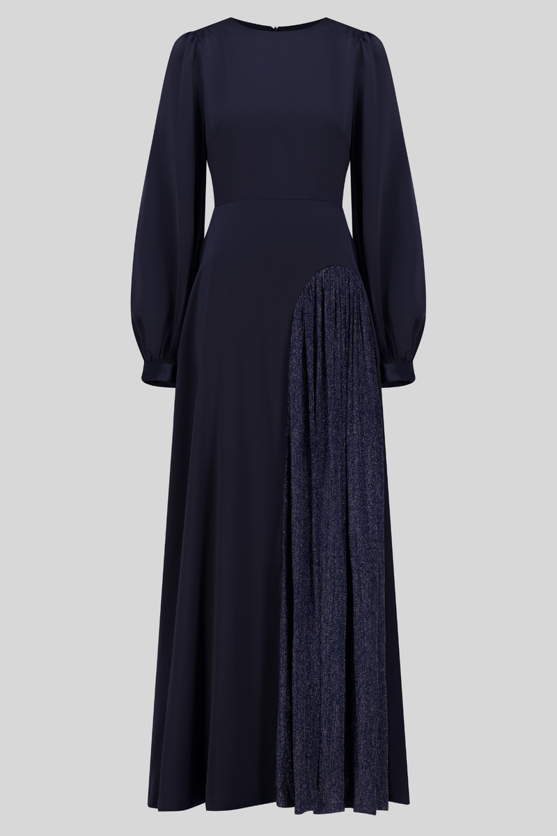 Deluxe Satin Maxi Dress With Glitter Split - Navy Blue