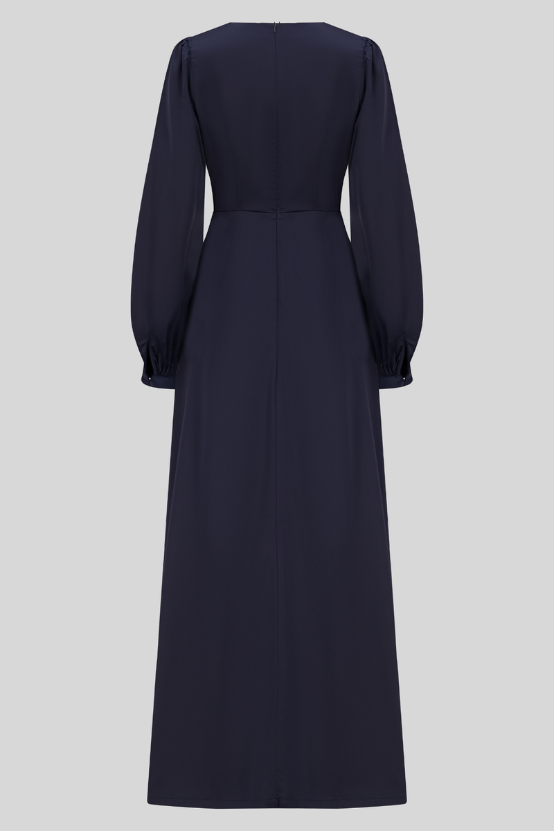 Deluxe Satin Maxi Dress With Glitter Split - Navy Blue