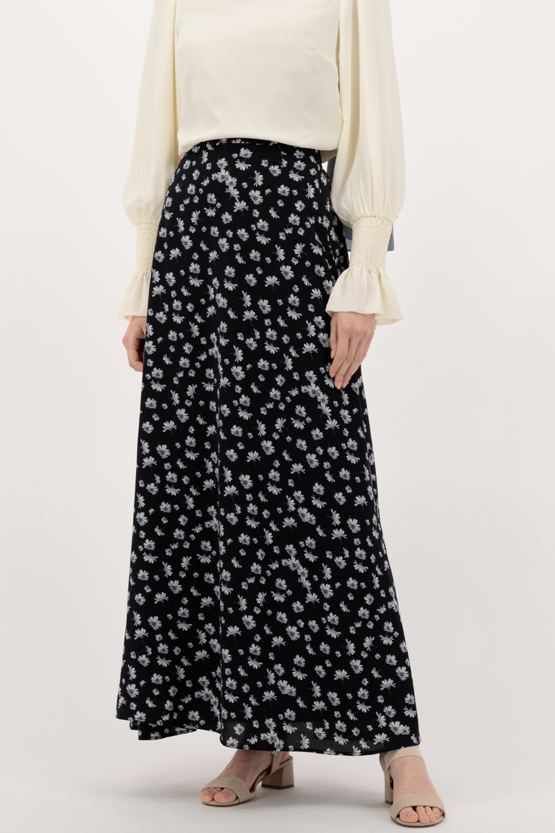 Summer Flowered Maxi Chiffon Skirt - Navy Blue