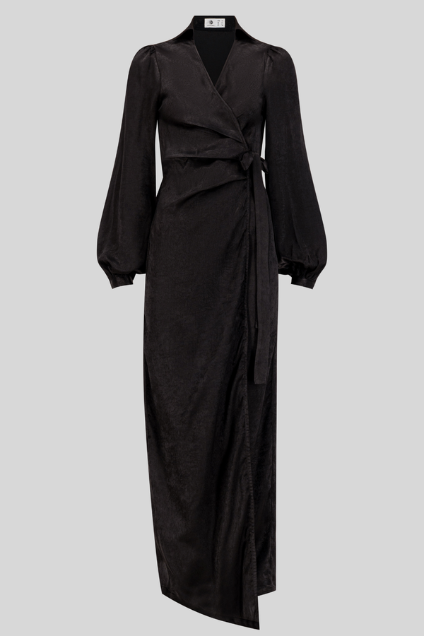 Luxury Velvet Satin Maxi Wrap Dress - Black