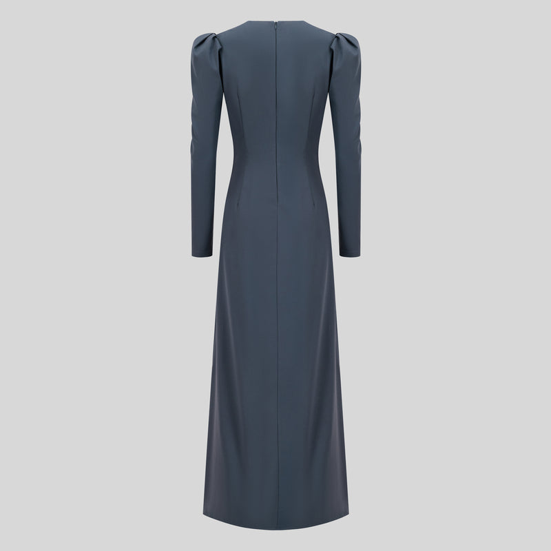 Classic Maxi Crepe Dress Puff Sleeves - Blue