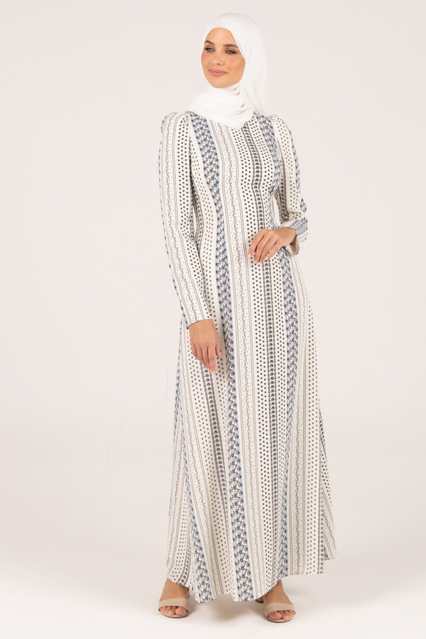 Luxury Beach Patterned Maxi Dress With Tie Back- White