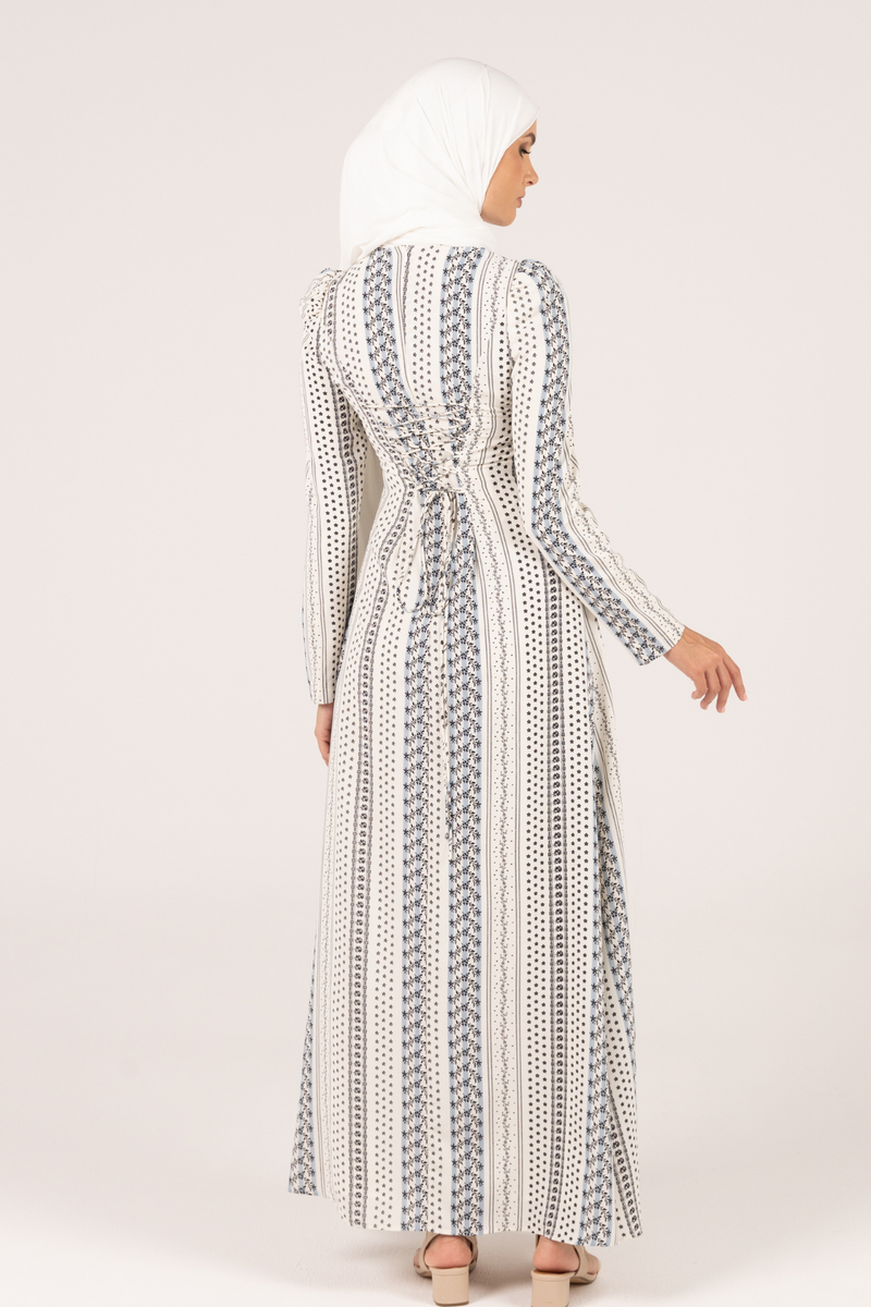 Luxury Beach Patterned Maxi Dress With Tie Back- White