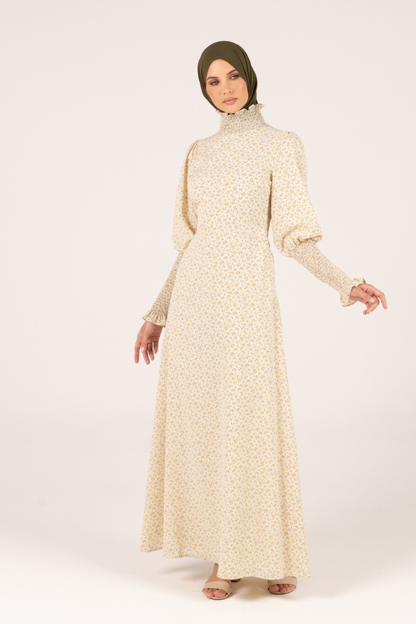 Classic Smocked Sleeves Floral Maxi Dress - Beige