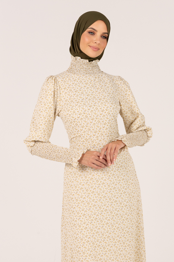 Classic Smocked Sleeves Floral Maxi Dress - Beige