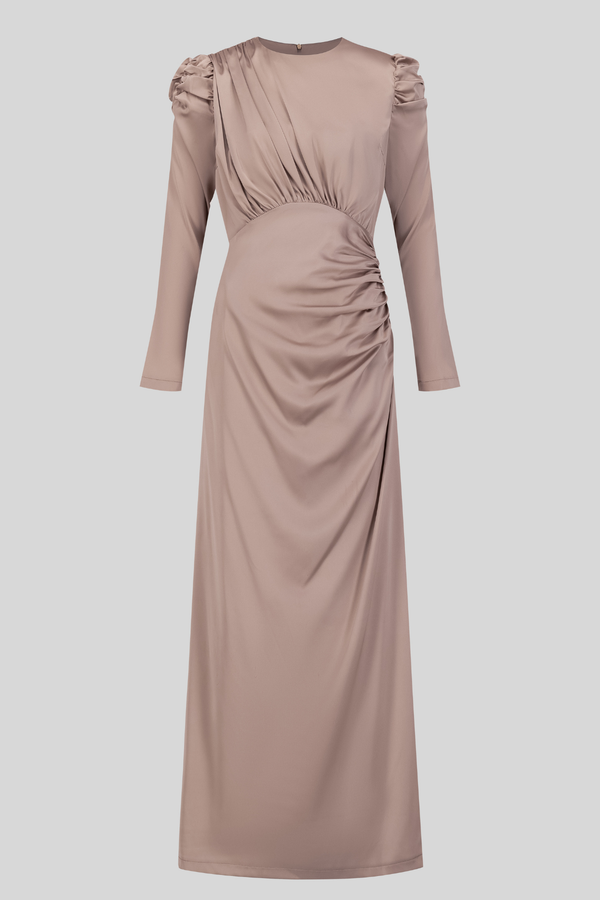 Luxury Satin Maxi Dress With Ruching Details - Nude