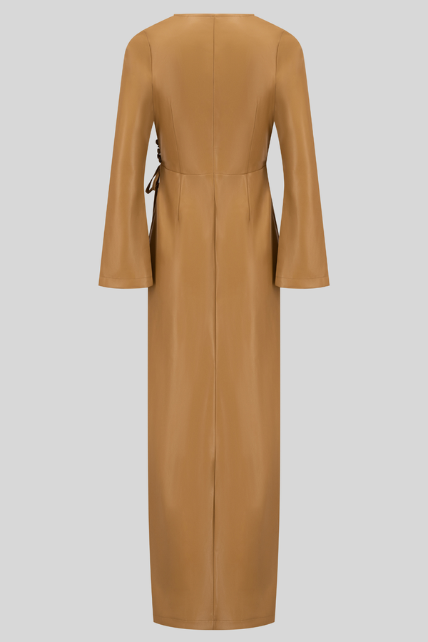 High Quality Maxi Leather Wrap Dress - Camel