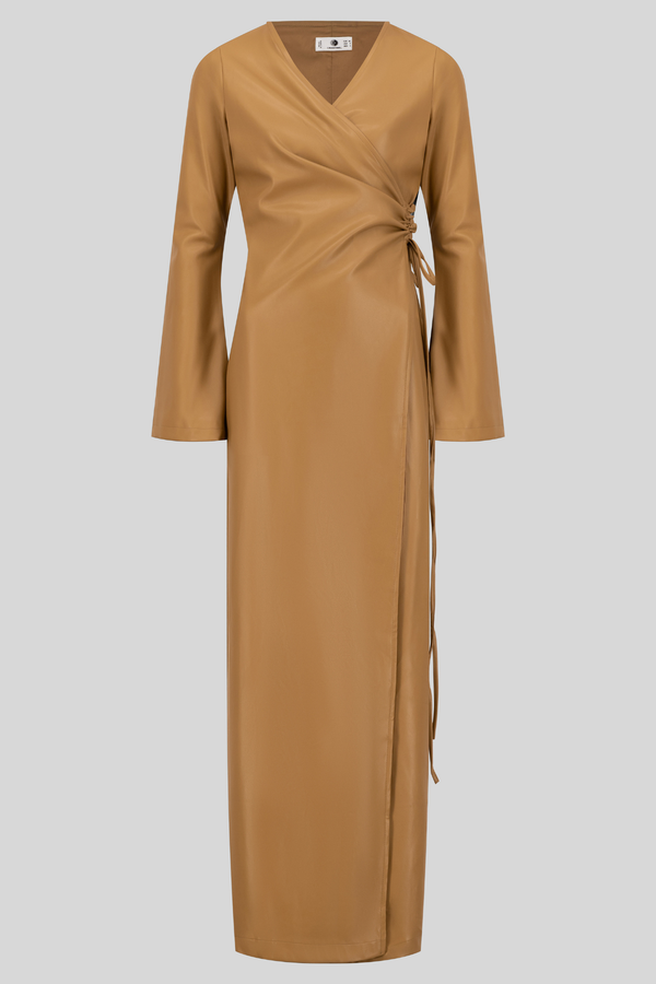 High Quality Maxi Leather Wrap Dress - Camel