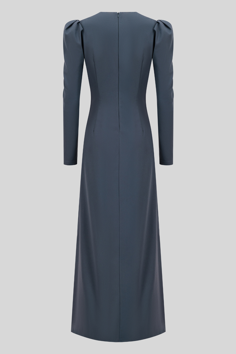 Classic Maxi Crepe Dress Puff Sleeves - Blue