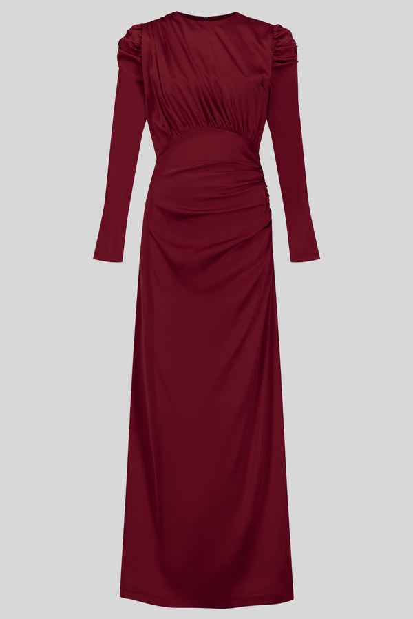 Luxury Satin Maxi Dress With Ruching Details -wine Red